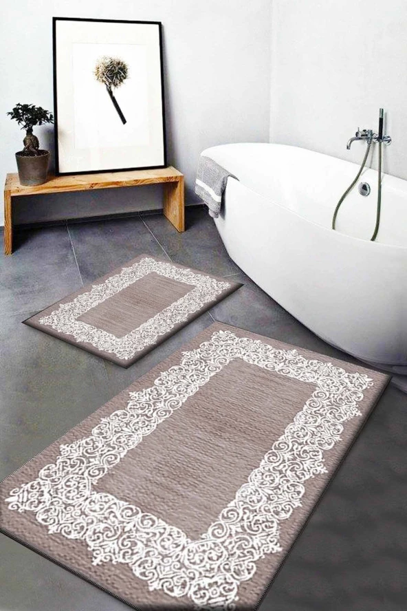 Gardenya Desenli Yıkanabilir Kaymaz Taban 2li Banyo Halısı Paspas Klozet Takımı Bath-0031