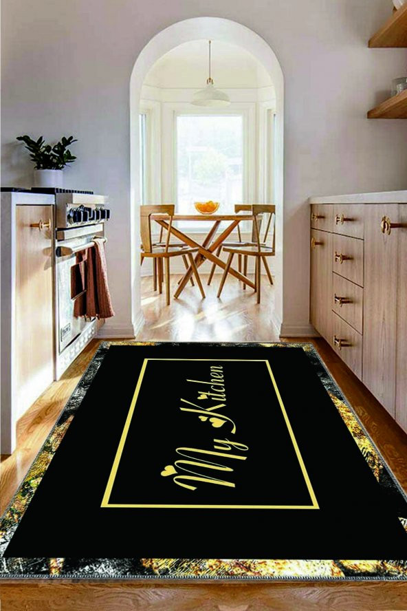 My Kitchen Sarı Siyah Desenli Yıkanabilir Kaymaz Keçe Taban Mutfak Halısı Kitchen-7015