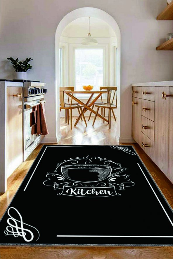 Siyah Beyaz Kahve Desenli Yıkanabilir Kaymaz Keçe Taban Mutfak Halısı Kitchen-7025