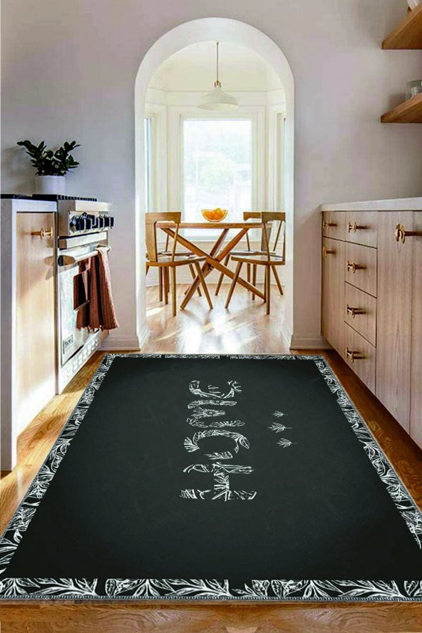 Siyah Beyaz Home Desenli Yıkanabilir Kaymaz Keçe Taban Mutfak Halısı Kitchen-7019