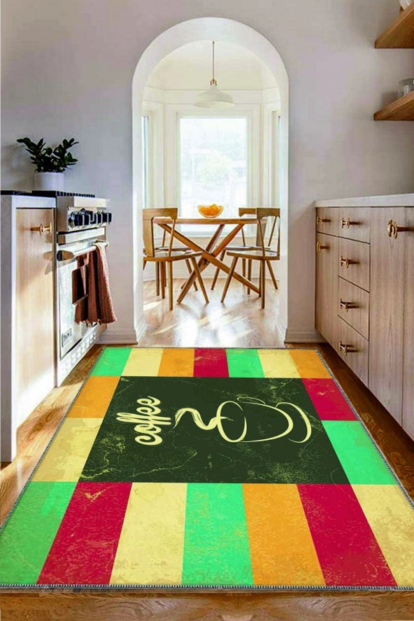 Renkli Karolar Kahve Desenli Yıkanabilir Kaymaz Keçe Taban Mutfak Halısı Kitchen-7021
