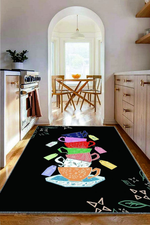 Renkli Çay Fincanları Desenli Yıkanabilir Kaymaz Keçe Taban Mutfak Halısı Kitchen-7047