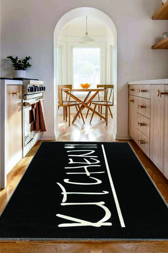 Siyah Beyaz Kitchen Desenli Yıkanabilir Kaymaz Keçe Taban Mutfak Halısı Kitchen-7055