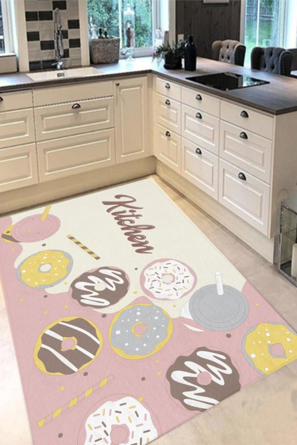 Bej Donnut Desenli Kitchen Mutfak Halısı 80x150 cm