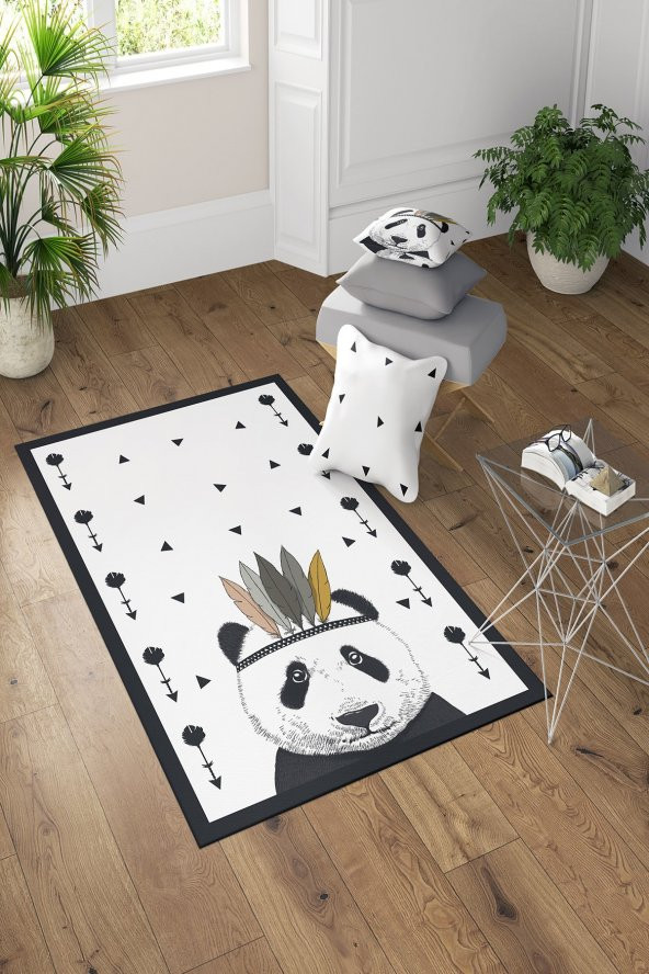 Beyaz Gardenya Bohem Panda Çocuk Odası Halısı