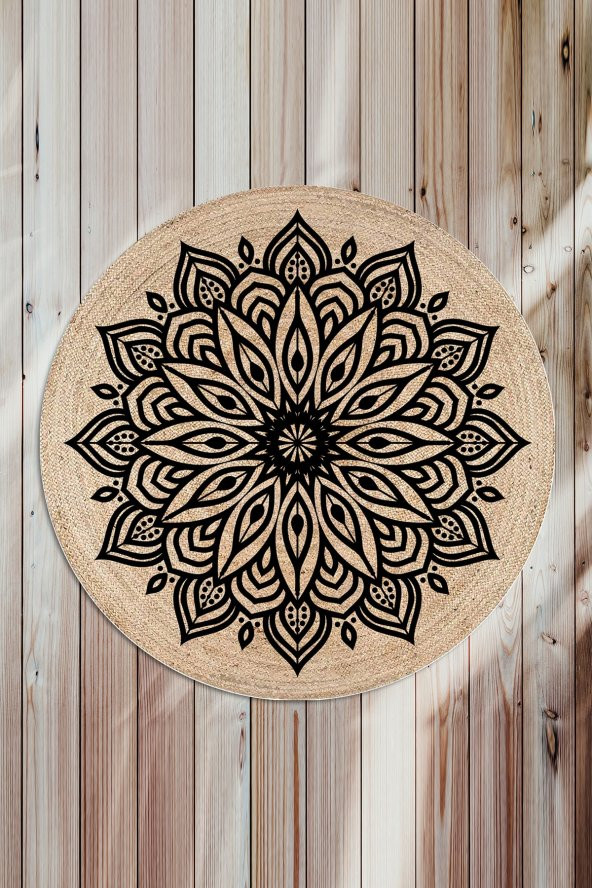 Gardenya Geometrik Yapraklar Mandala Desenli Natural Modern Baskılı Jüt Örme Halı Hasır Kilim