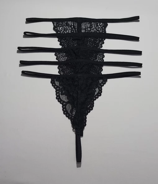 ASM1237 Kadın 5 Li Siyah Dantel Çağırıcı İsteğim String - 4