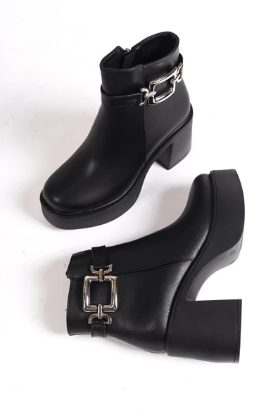 Tancez Siyah Kalın Platform Topuklu Tokalı Bot