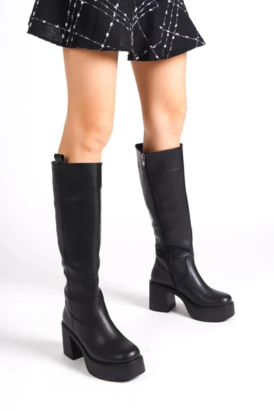 Mostar Siyah Kalın Platform Topuklu Günlük Çizme - 2