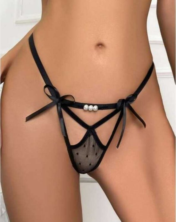 Fantezi Siyah Kurdele  Detaylı String tanga