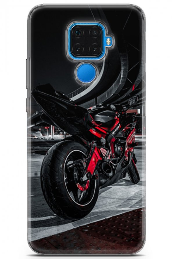 Huawei Mate 30 Lite Uyumlu Kılıf Milano 18 Kırmızı Motosiklet Parlak Kılıf Siyah