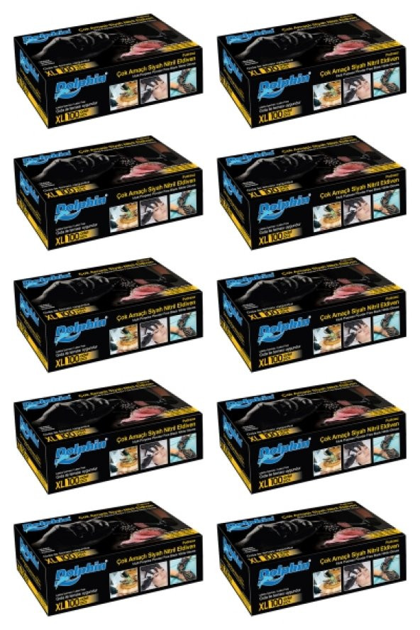 Dolphin Çok Amaçlı Siyah Nitril Eldiven (XL) 100lü Paket 10 Adet (Gıdaya Uygun)
