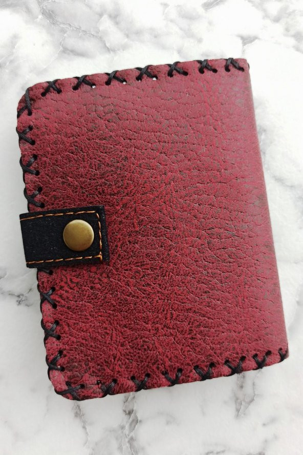 El Yapımı Kadın Cüzdan Vegan Deri Kalpli Kedi Görselli Bordo Renk - Resim 2