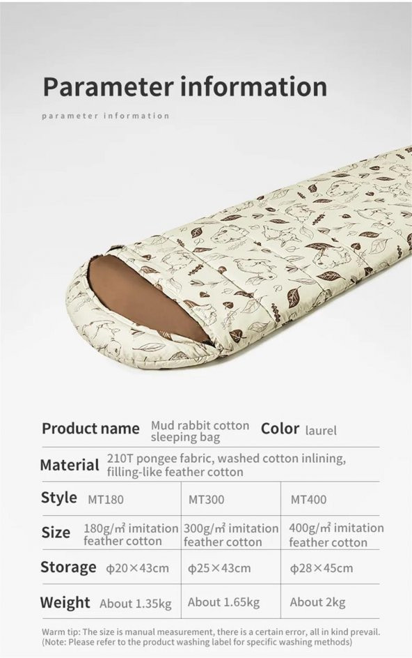 Naturehike Cute Mud Rabbit MT300 Zarf Trazı Pamuklu Uyku Tulumu -13°C - 2