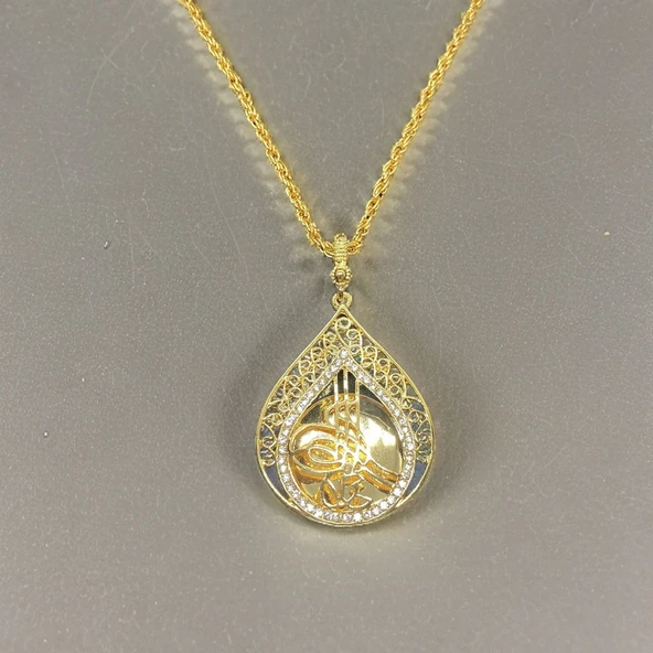 İşlemeli Parlak Taşlı Osmanlı Tura Model Altın Renk Uzun Zincir Bijuteri Kadın Kolyesi ürün görseli 1