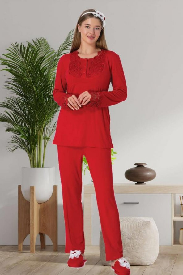 Mecit 5914 Bayan Kırmızı Dantelli Uzun Kol Likralı Pijama Takımı