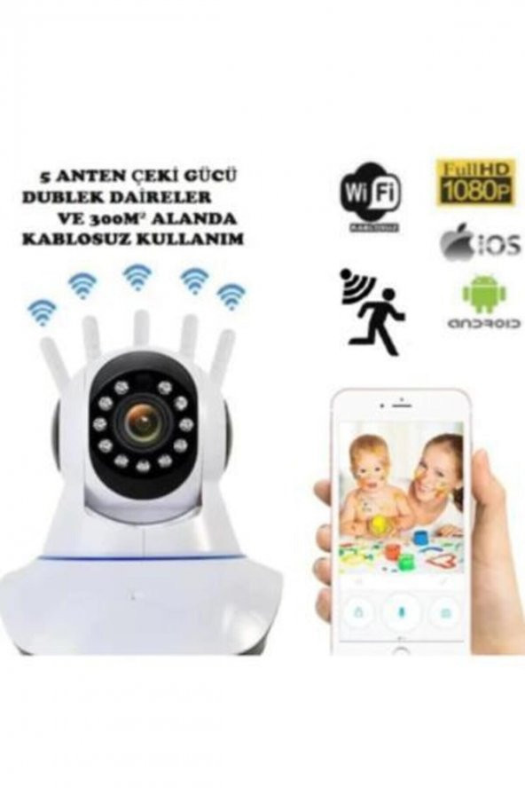 360° Wifi Ip Güvenlik Kamera 5 Antenli Gece Görüşlü Sensörlü Harekete Duyarlı Sesli - 2