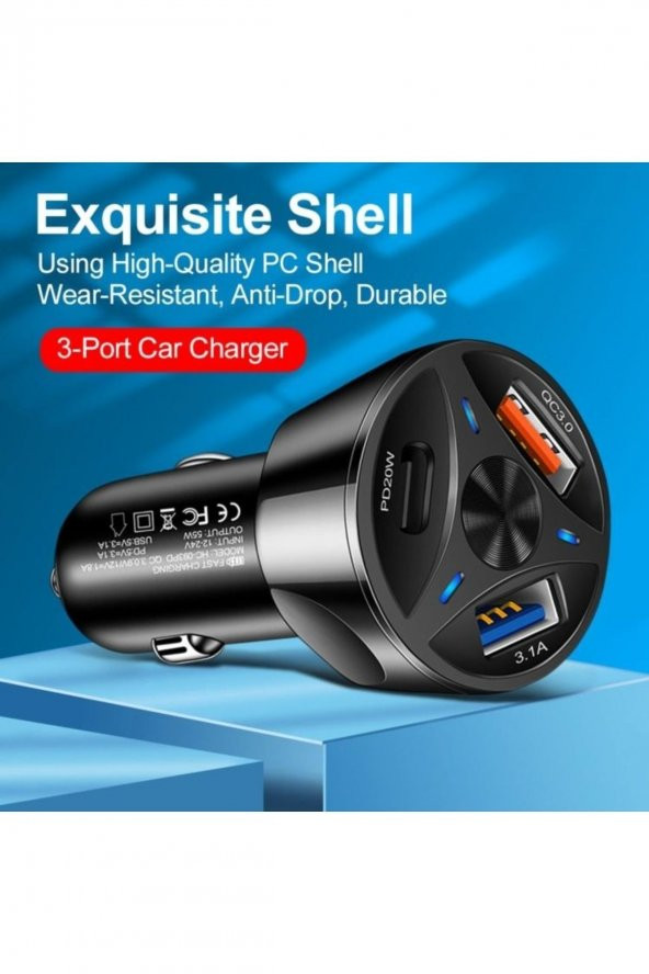 Çift Usb Araç Şarj Cihazı Hızlı Şarj Qc 3.0 Pd Tipi C Araç Telefon Şarj Adaptör Car Charger - 3