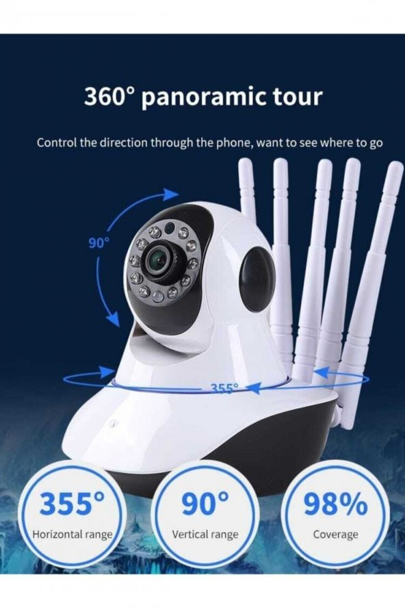 360° Wifi Ip Güvenlik Kamera 5 Antenli Gece Görüşlü Sensörlü Harekete Duyarlı Ip Kamera - 2