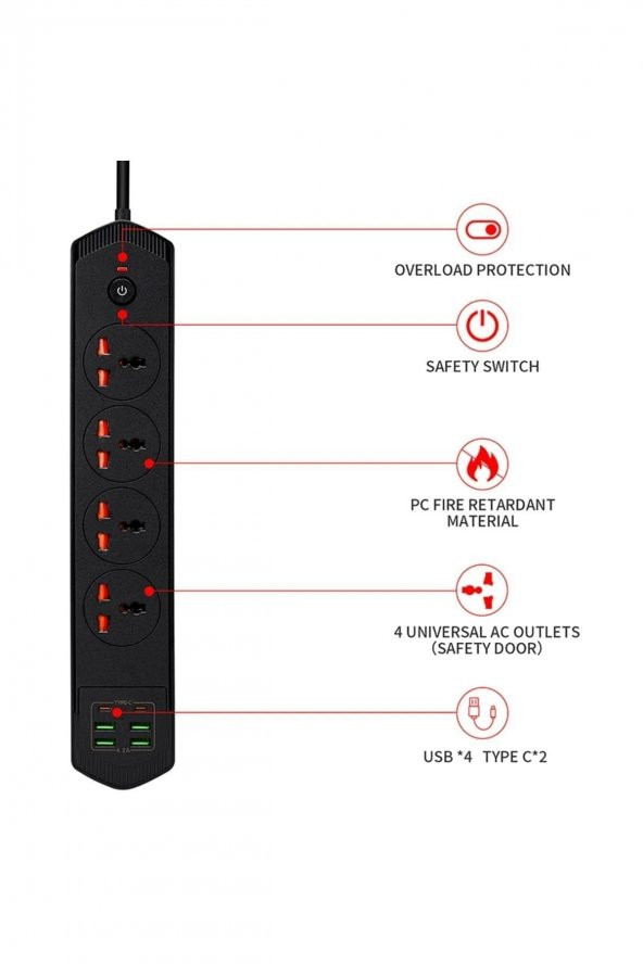 10 Girişli 4+4 USB + 2 Type-C Çoklu Priz 2 M Kablolu Akım Korumalı Anahtarlı Uzatma Grup Priz 3000w - 2