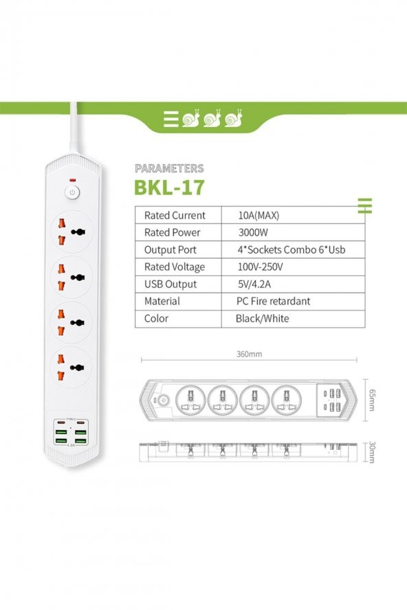Çoklu Priz 10 Girişli 4+4 USB 2 Type-C 2M Kablolu Akım Korumalı Anahtarlı Uzatma Grup Priz 3000w - 2