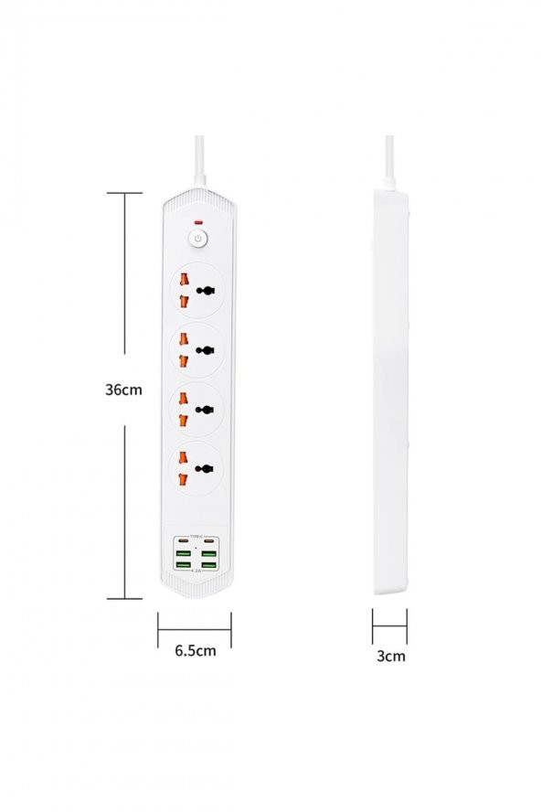 Çoklu Priz 10 Girişli 4+4 USB 2 Type-C 2M Kablolu Akım Korumalı Anahtarlı Uzatma Grup Priz 3000w - 3