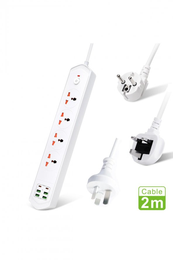 6 Usbli 4lü Çoklu Priz 2 M Kablolu Akım Korumalı Anahtarlı Uzatma Grup Priz 3000W - 3