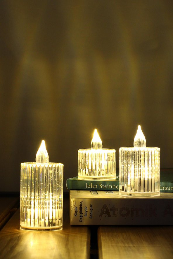 3lü Kristal Desenli Led Mum Seti Pilli Dumansız Alevli Ledli Dekoratif Yapay Mum - 2