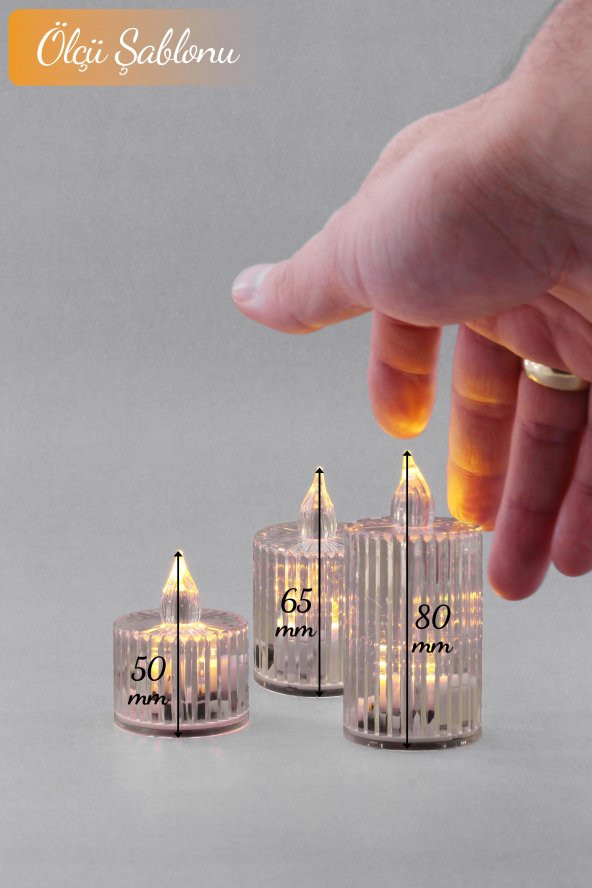 3lü Kristal Desenli Led Mum Seti Pilli Dumansız Alevli Ledli Dekoratif Yapay Mum - 3