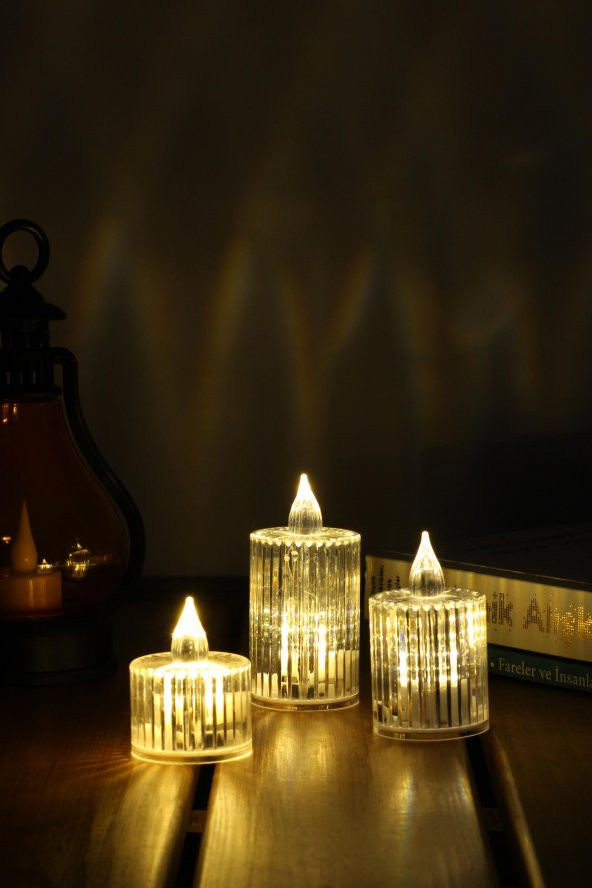 3lü Kristal Desenli Led Mum Seti Pilli Dumansız Alevli Ledli Dekoratif Yapay Mum - 4