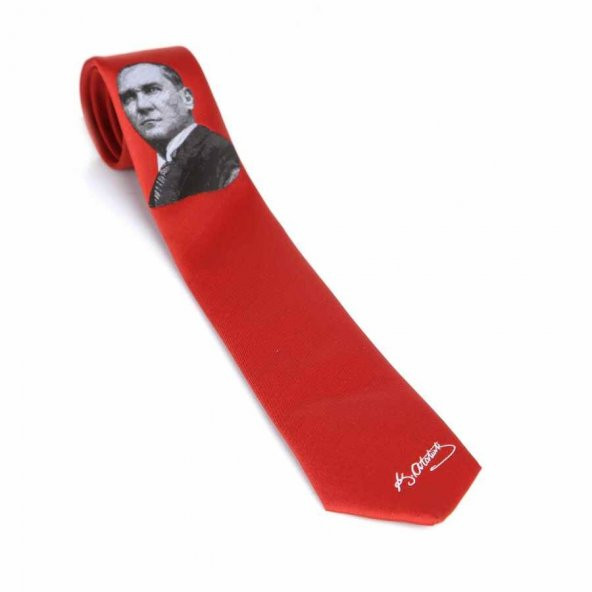 Atatürk ve İmza Desenli Dokuma Kırmızı Kravat - AK-04 ürün görseli