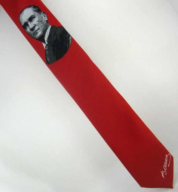 Atatürk ve İmza Desenli Dokuma Kırmızı Kravat - AK-04 ürün görseli