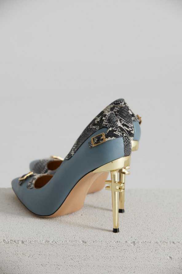 Kadın Hakiki Deri Mavi-Yılan Derisi Stiletto - 5