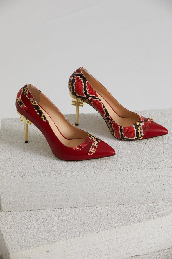 Hakiki Deri Özel Tasarım Kırmızı-Yılan Derisi Stiletto - 3