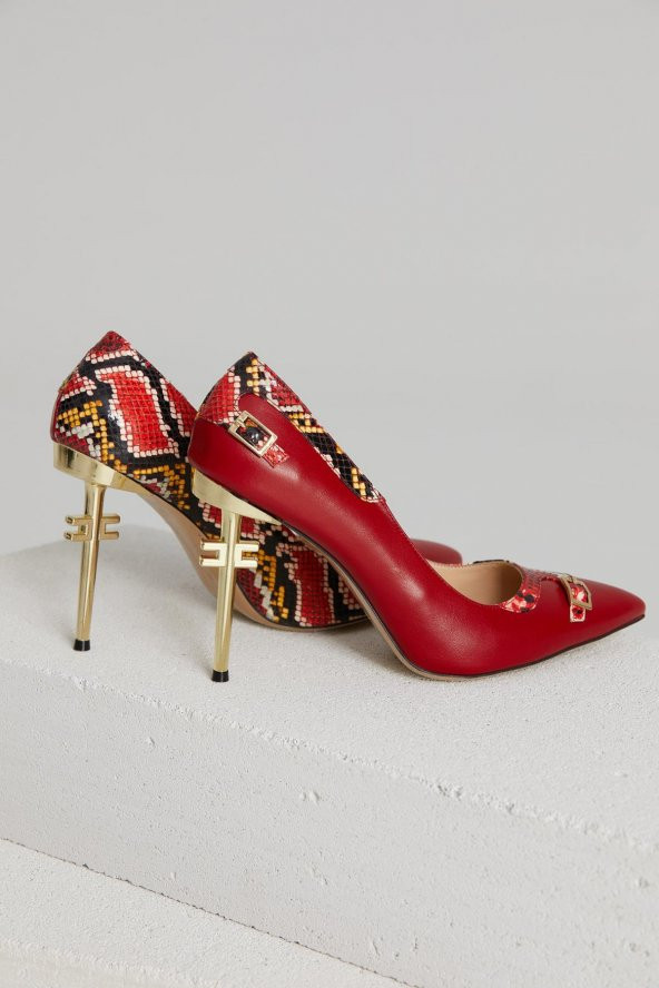 Hakiki Deri Özel Tasarım Kırmızı-Yılan Derisi Stiletto - 5