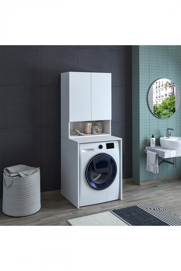 ROOMART Cd7 Çok Amaçlı Banyo Üst Dolaplı Çamaşır Makinesi Dolabı Takımı - Mat Beyaz - 3