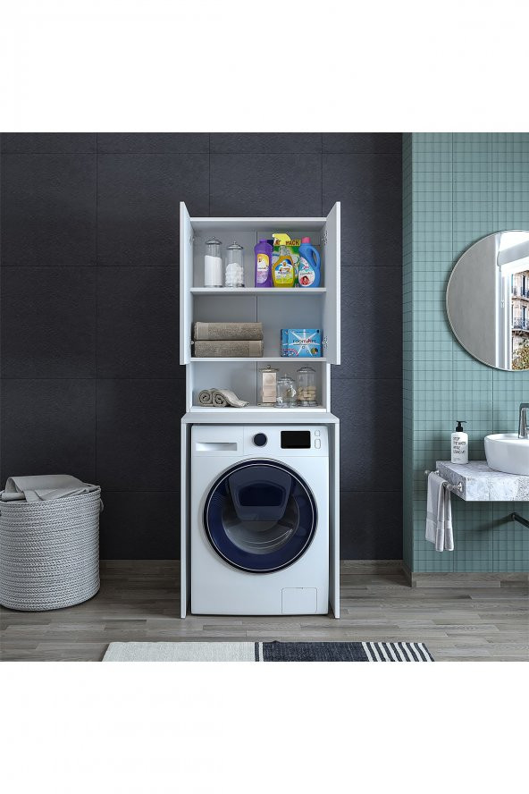ROOMART Cd7 Çok Amaçlı Banyo Üst Dolaplı Çamaşır Makinesi Dolabı Takımı - Mat Beyaz - 4