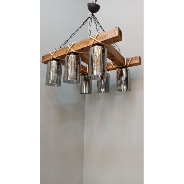 Ahşap 6 Lı Boru Camlı Halatlı Zincirli Avize - 2