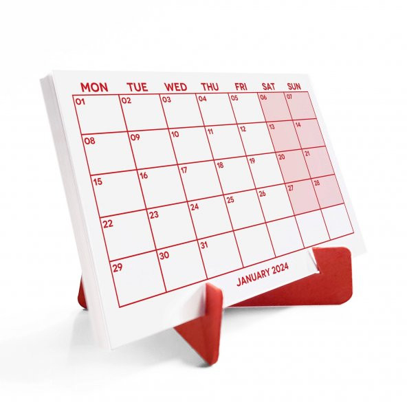 Kırmızı Renkli Aylık Planlama 2024 Takvim, 2024 Masa Takvimi, Red Color Monthly Planner Calendar