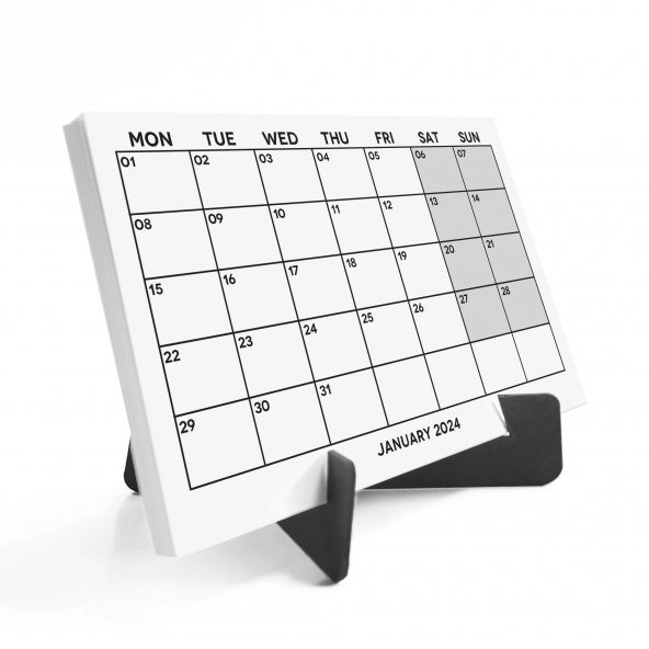 Siyah Beyaz Aylık Planlama 2024 Takvim, 2024 Masa Takvimi, Black White Monthly Planner Calendar