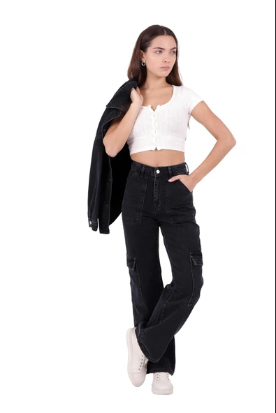 Kargo Cepli Geniş Paçalı Yüksek Belli Kadın Kot Pantolon Dört Mevsim Normal Antrasit - 2