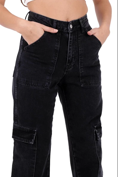 Kargo Cepli Geniş Paçalı Yüksek Belli Kadın Kot Pantolon Dört Mevsim Normal Antrasit - 6