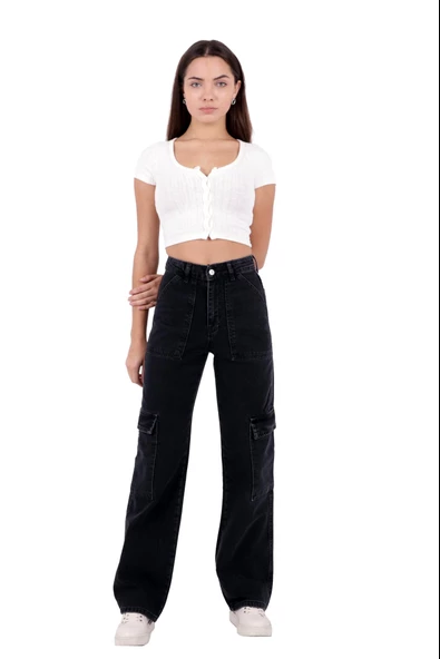 Kargo Cepli Geniş Paçalı Yüksek Belli Kadın Kot Pantolon Dört Mevsim Normal Antrasit - 4