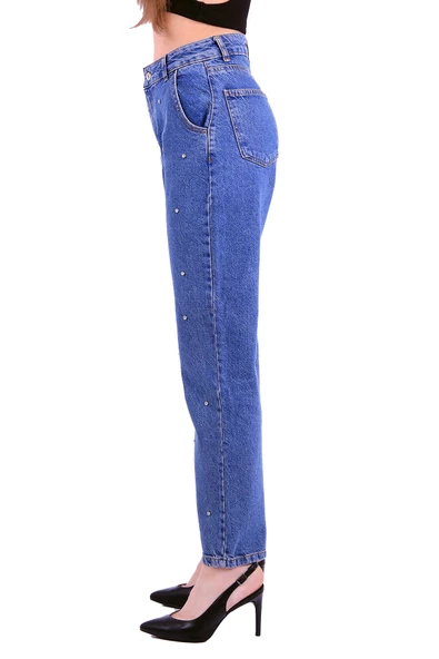 Önü Dekoratif Taşlı Yüksek Belli Cepli Mom Fit Kadın Kot Pantolon Jean Durulanmış Mavi Dört Mevsim - 6