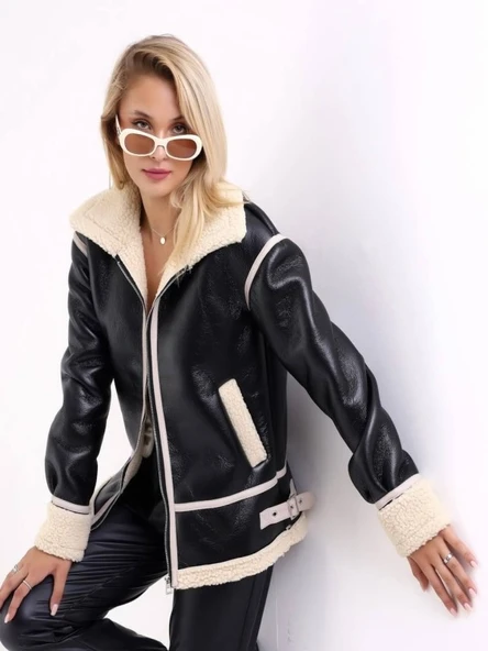 Mtn M2188 Kadın Deri İçi Kürklü Oversize Ceket - Resim 4