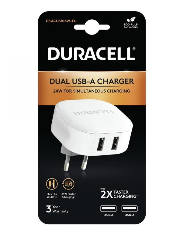 Duracell 24W Telefon / Tablet Şarj Başlığı 2xUSB 2x5v/2.4A - Beyaz