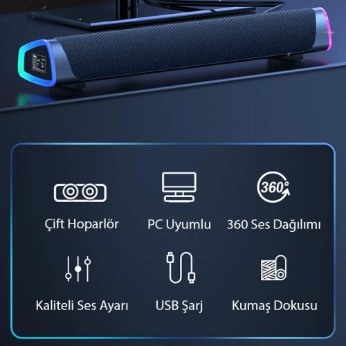 Polham Ultra Şık RGB Işıklı Bluetooth Bağlantılı 4D Bass Efektli Hoparlör Subwoofer, Masaüstü, TV Altı Hoparlör - 7