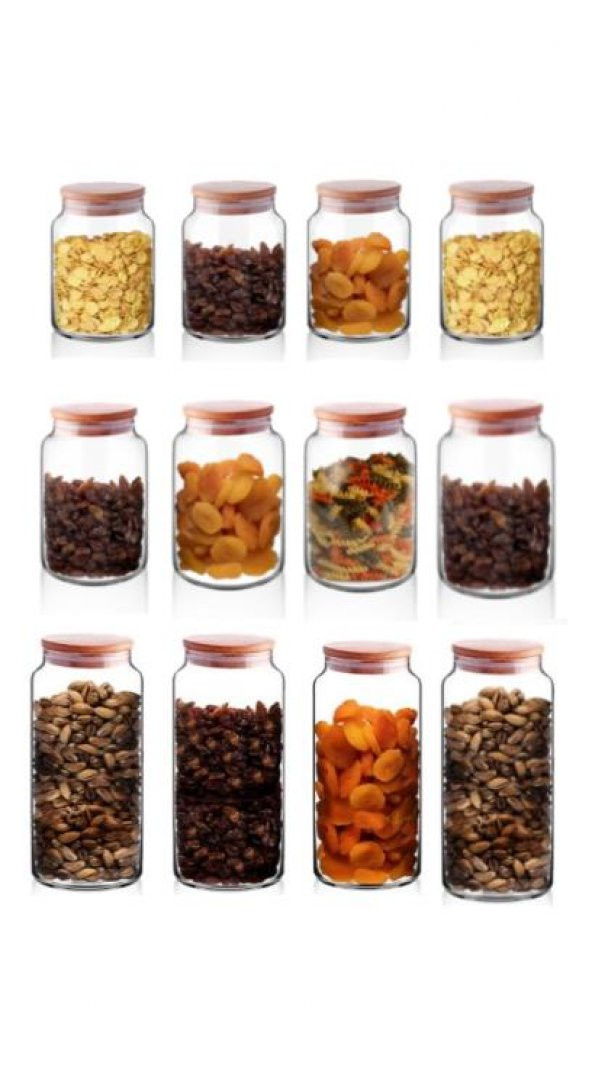 Rossel Premium 12 adet Bambu Vakum Kapaklı Kavanoz 3 boy 500-800-1300 ML