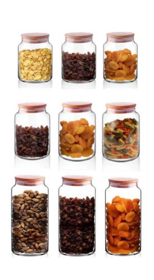 Rossel Premium 9 adet Bambu Vakum Kapaklı Kavanoz 3 boy 500-800-1300 ML