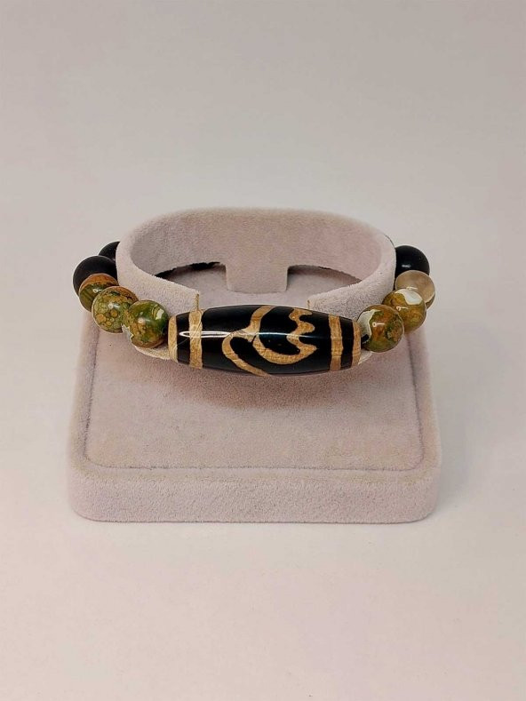 Tibet Akik, Shungit & Riyolit Taşlı Lotus Sembollü Unisex Bileklik 10-12mm - Resim 2